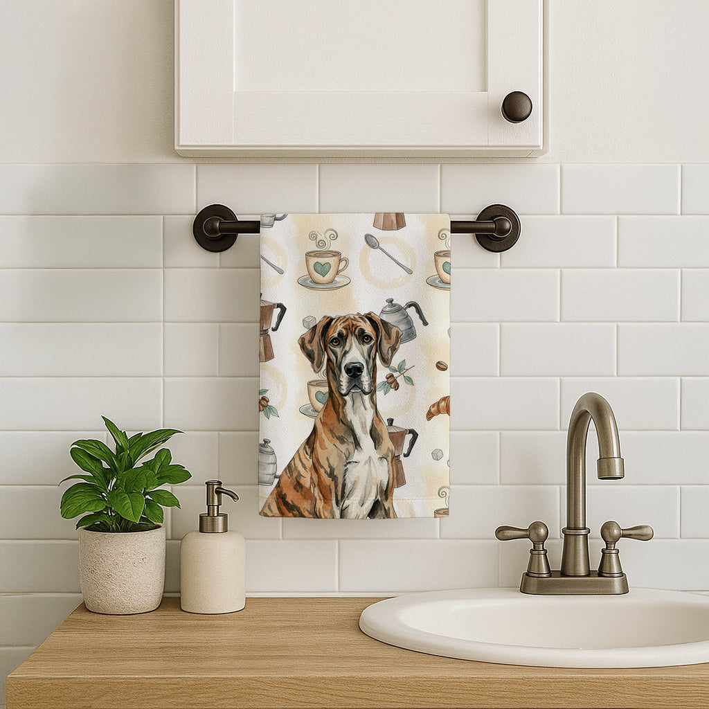Brindle Great Dane Coffee Bar Kitchen Towel Velour Plush Front and Cotton Loop Back Machine Washable