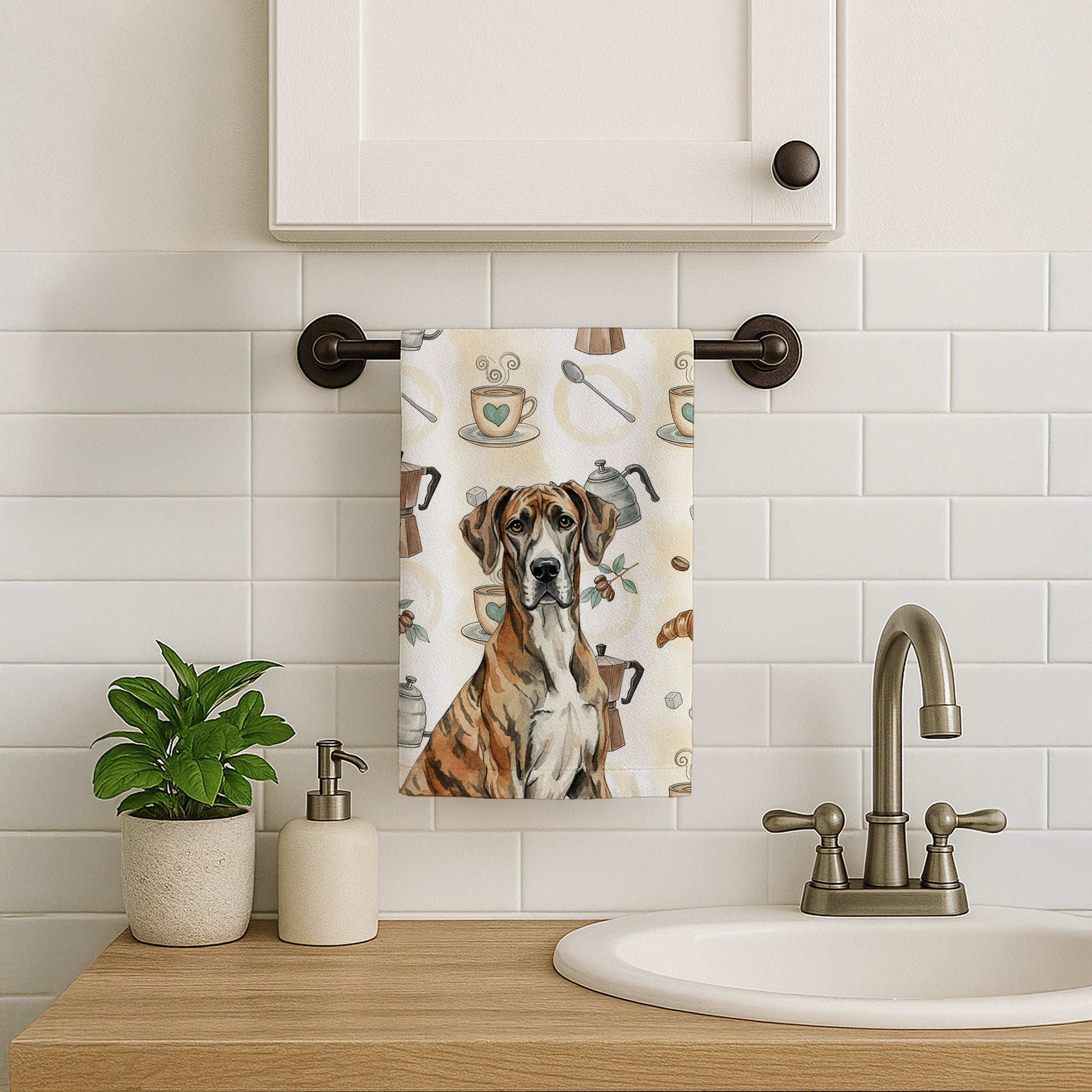 Brindle Great Dane Coffee Bar Kitchen Towel Velour Plush Front and Cotton Loop Back Machine Washable