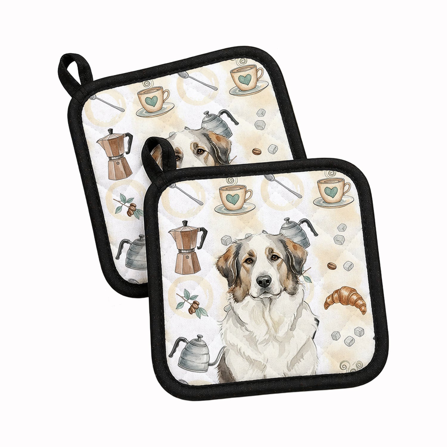 Badger Great Pyrenees Coffee Bar Pot Holder Set of 2 Heat Resistant Quilted Hot Pads 7.5 x 7.5 Inch, Insulated Kitchen Trivets for Cooking & Baking