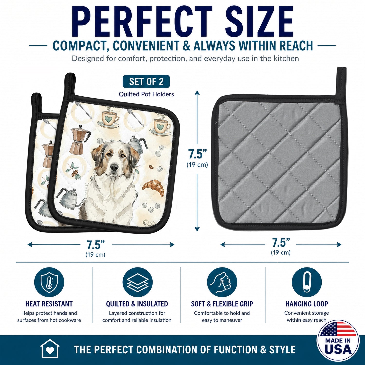Badger Great Pyrenees Coffee Bar Pot Holder Set of 2 Heat Resistant Quilted Hot Pads 7.5 x 7.5 Inch, Insulated Kitchen Trivets for Cooking & Baking