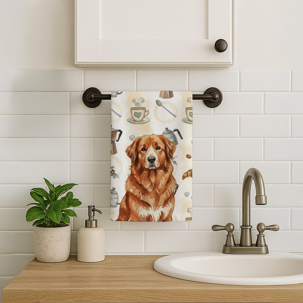 Reddish Brown Great Pyrenees Coffee Bar Kitchen Towel Velour Plush Front and Cotton Loop Back Machine Washable