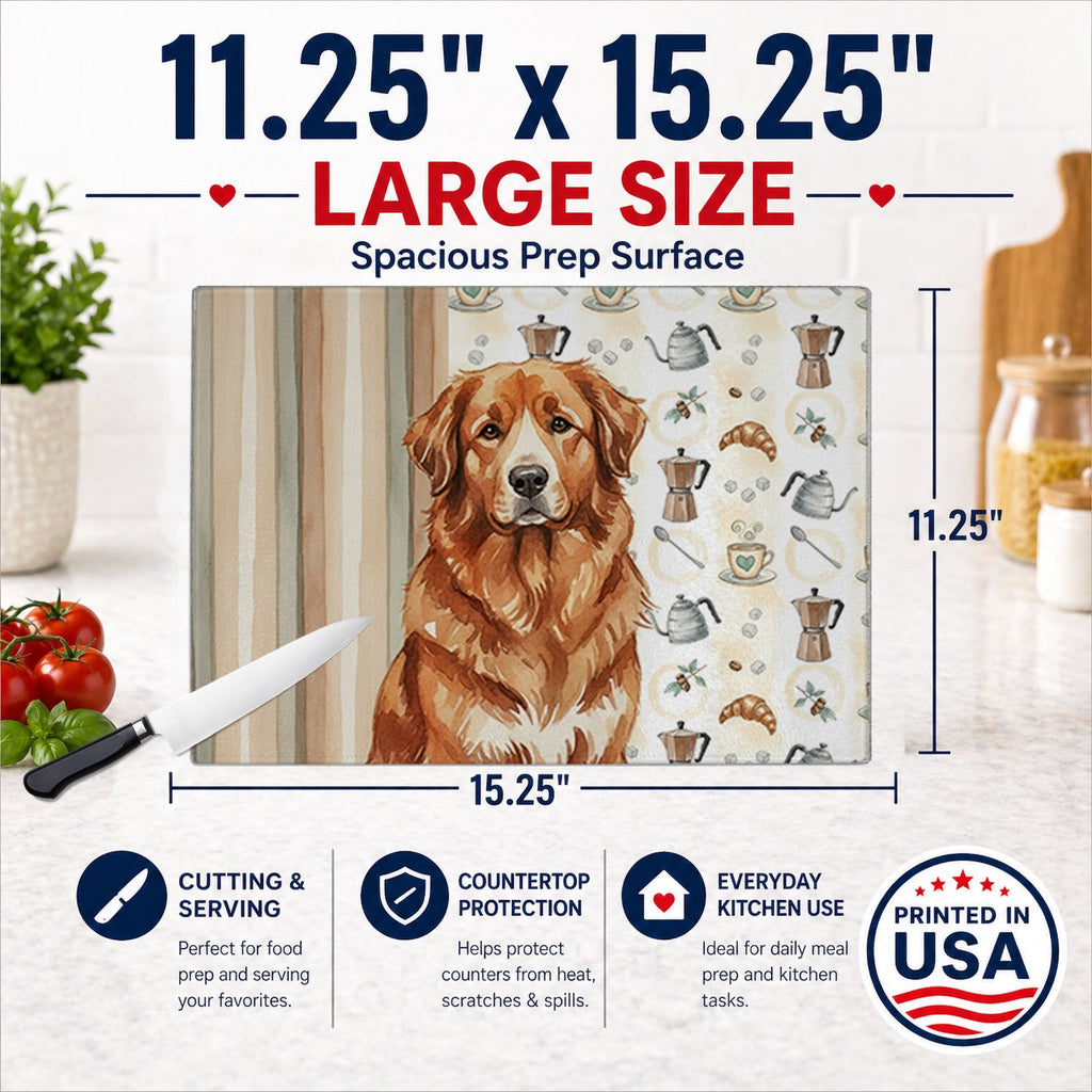 Reddish Brown Great Pyrenees Coffee Bar Cutting Board Tempered Glass Kitchen Cutting Surface, Heat Resistant Chopping, Non-Slip Feet, Food Prep & Serving