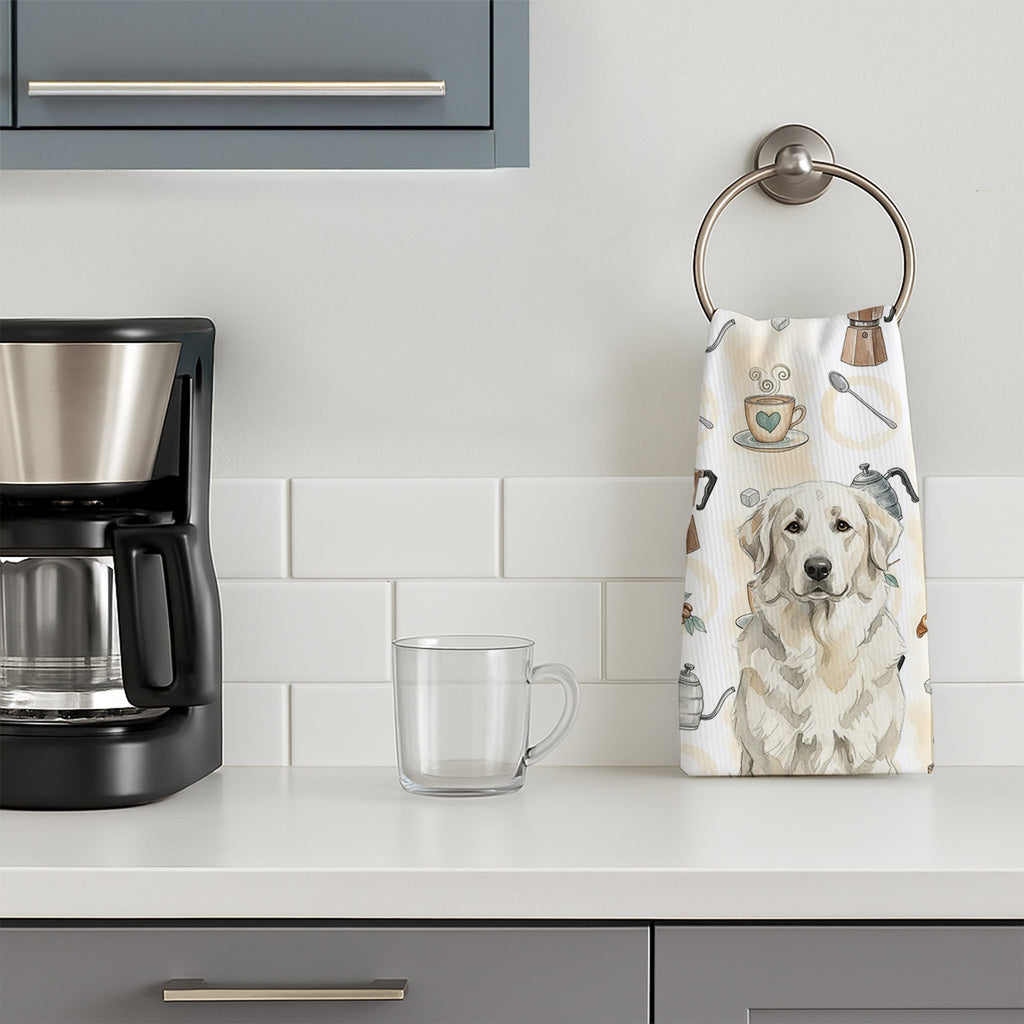 White Great Pyrenees Coffee Bar Kitchen Towel Velour Plush Front and Cotton Loop Back Machine Washable