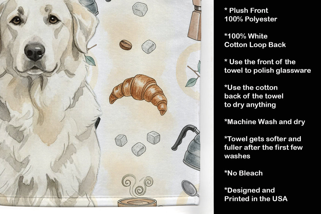 White Great Pyrenees Coffee Bar Kitchen Towel Velour Plush Front and Cotton Loop Back Machine Washable