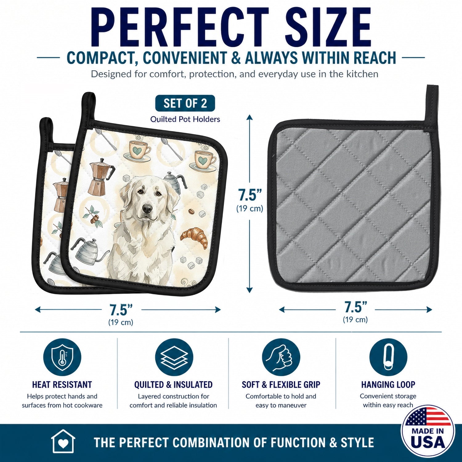 White Great Pyrenees Coffee Bar Pot Holder Set of 2 Heat Resistant Quilted Hot Pads 7.5 x 7.5 Inch, Insulated Kitchen Trivets for Cooking & Baking
