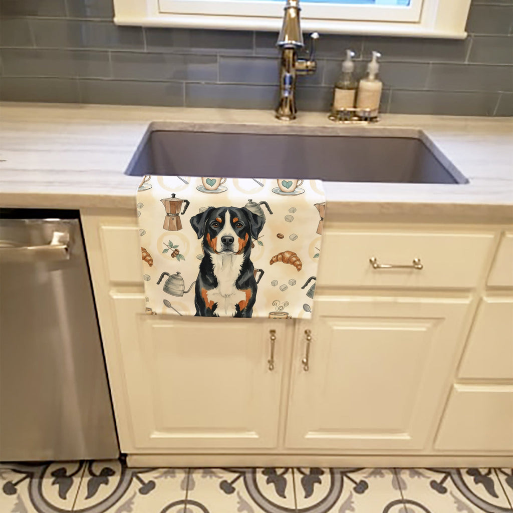 Greater Swiss Mountain Dog Coffee Bar Kitchen Towel Velour Plush Front and Cotton Loop Back Machine Washable