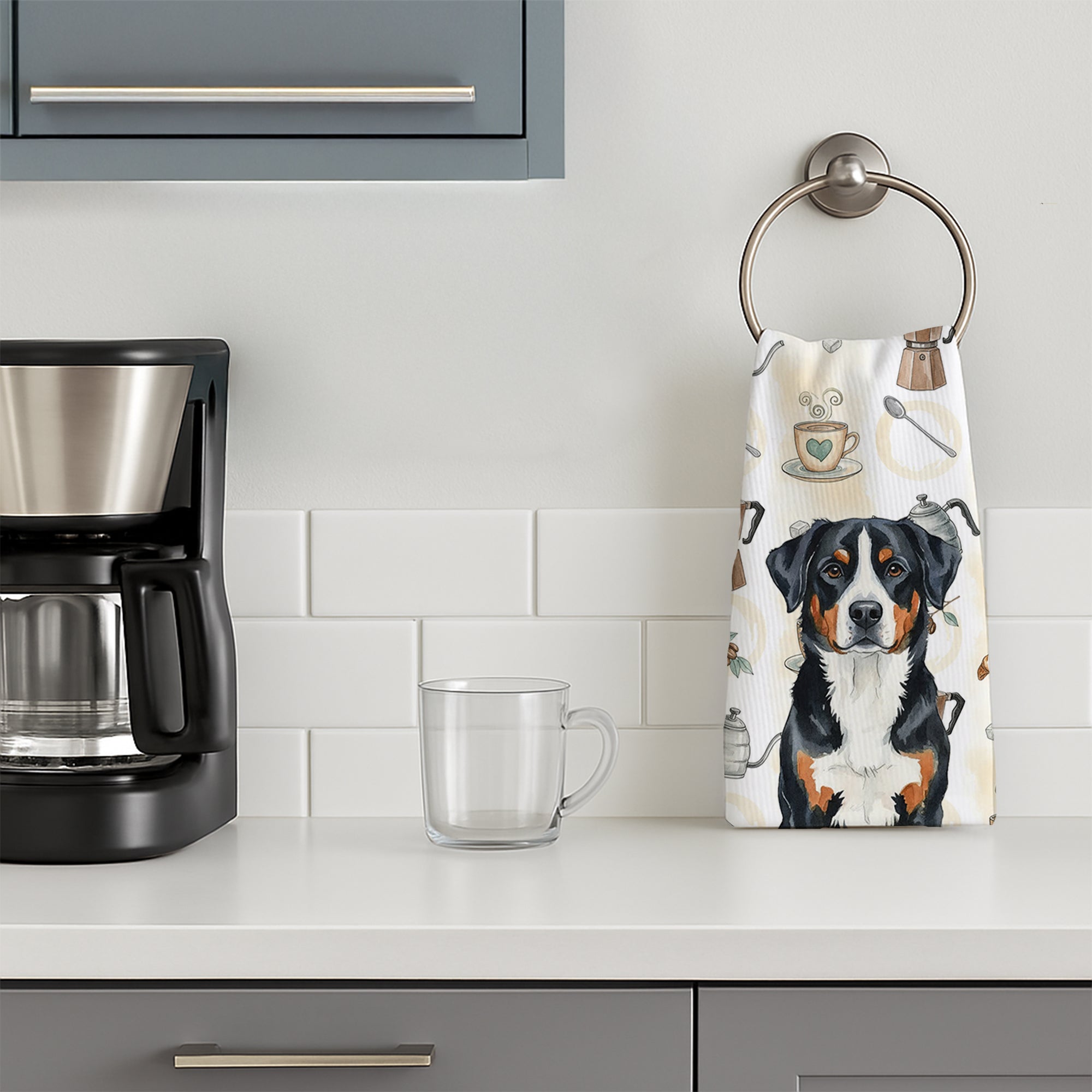 Greater Swiss Mountain Dog Coffee Bar Kitchen Towel Velour Plush Front and Cotton Loop Back Machine Washable