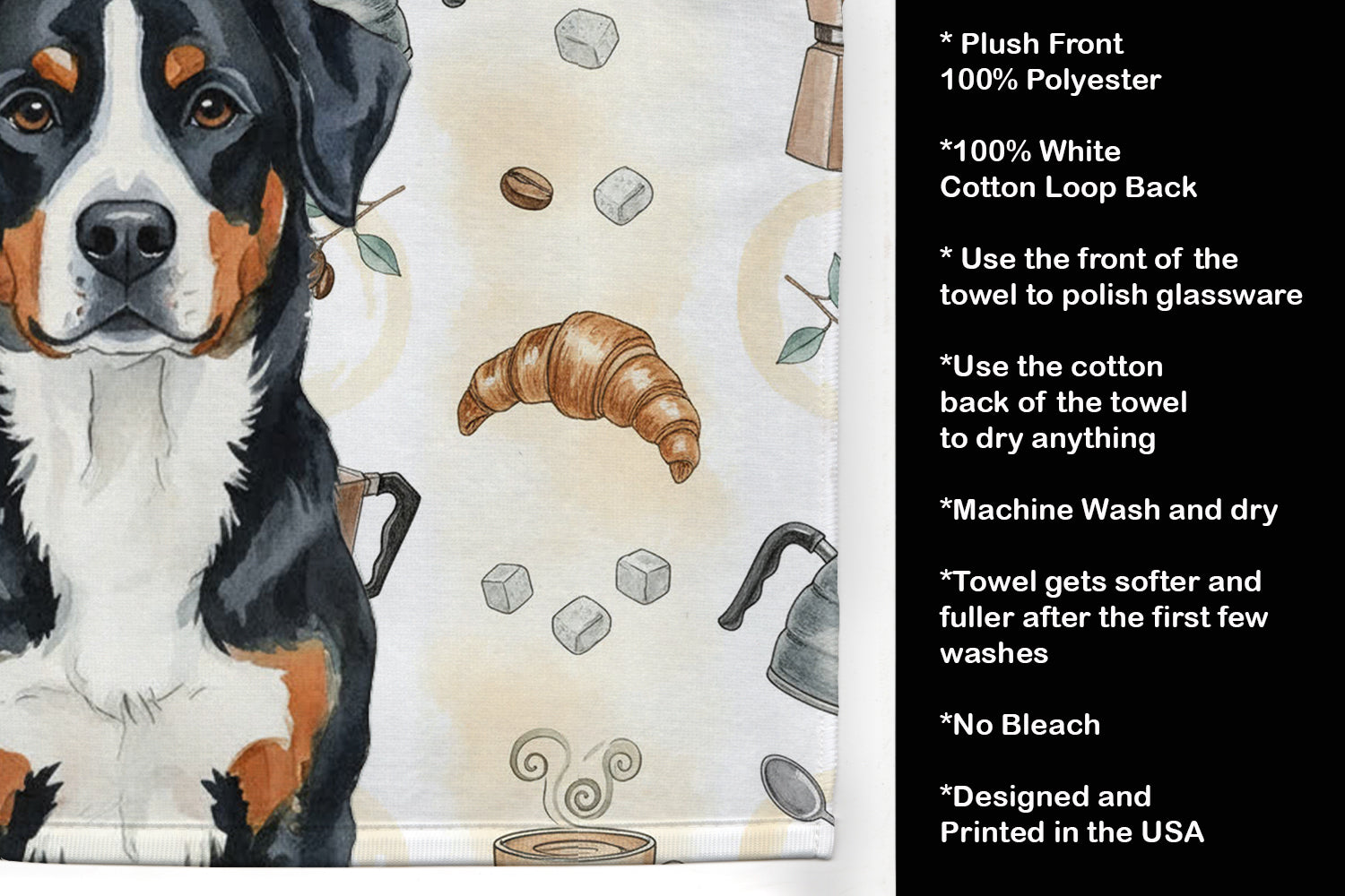 Greater Swiss Mountain Dog Coffee Bar Kitchen Towel Velour Plush Front and Cotton Loop Back Machine Washable