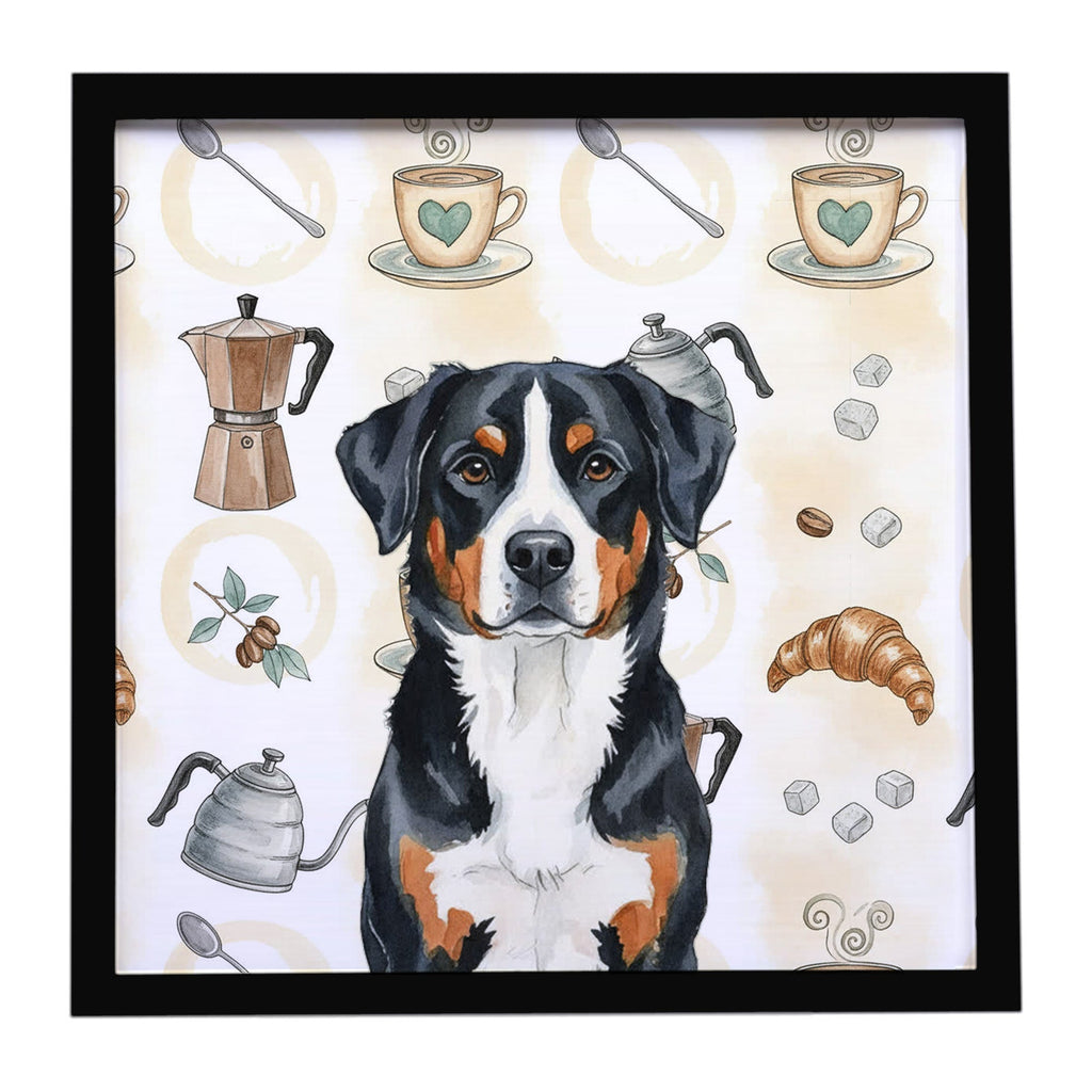 Greater Swiss Mountain Dog Coffee Bar Framed Metal Print Bathroom, Kitchen, Office, Home Decor Wall Art Ready to Hang, Square, 8X8