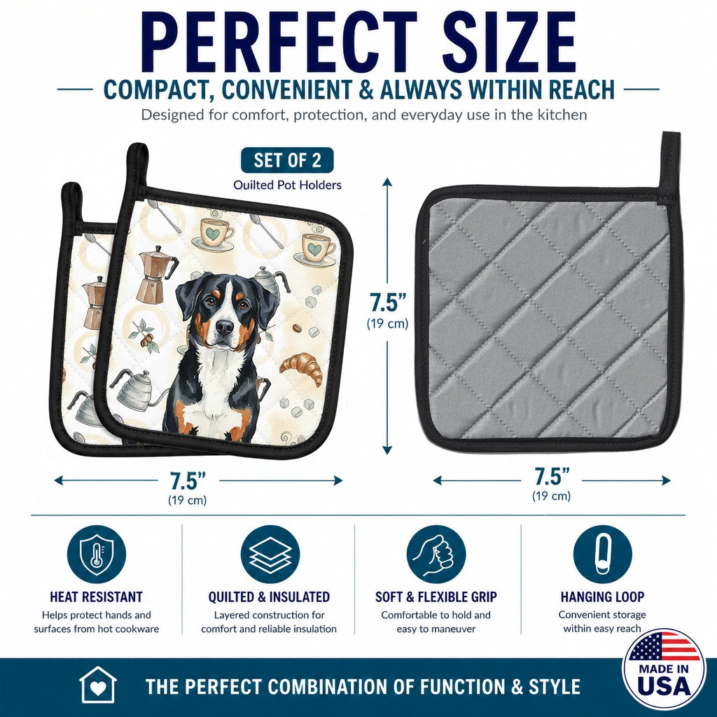 Greater Swiss Mountain Dog Coffee Bar Pot Holder Set of 2 Heat Resistant Quilted Hot Pads 7.5 x 7.5 Inch, Insulated Kitchen Trivets for Cooking & Baking
