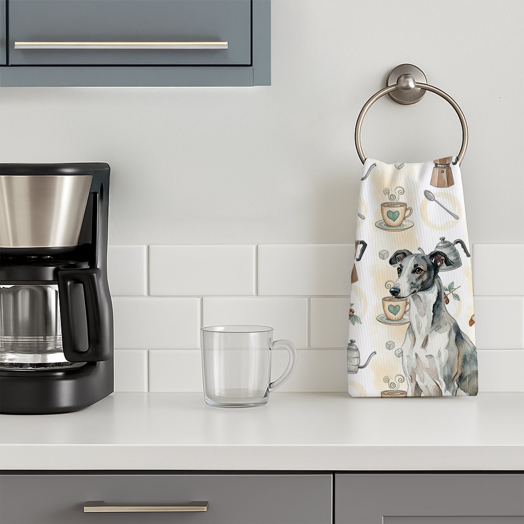 Black and White Greyhound Coffee Bar Kitchen Towel Velour Plush Front and Cotton Loop Back Machine Washable