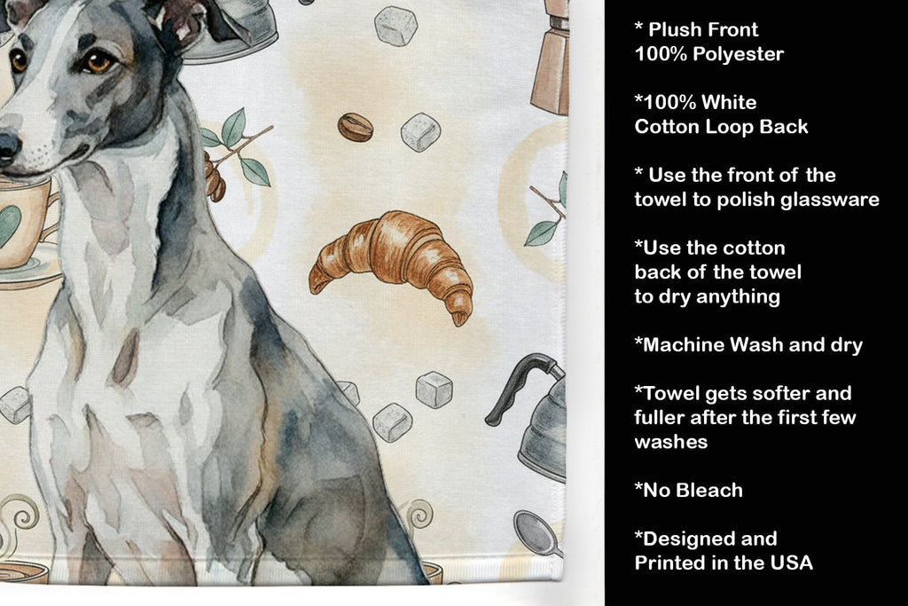 Black and White Greyhound Coffee Bar Kitchen Towel Velour Plush Front and Cotton Loop Back Machine Washable