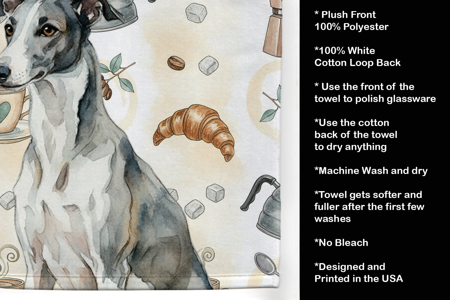 Black and White Greyhound Coffee Bar Kitchen Towel Velour Plush Front and Cotton Loop Back Machine Washable