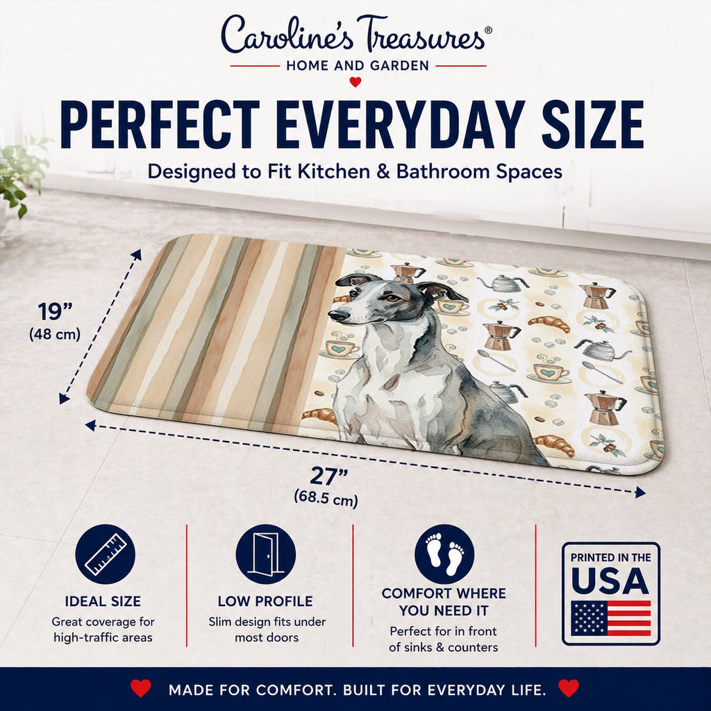 Black and White Greyhound Coffee Bar Memory Foam Kitchen Mat Machine Washable Anti-Fatigue Cushion Comfort Bath or Kitchen Rug