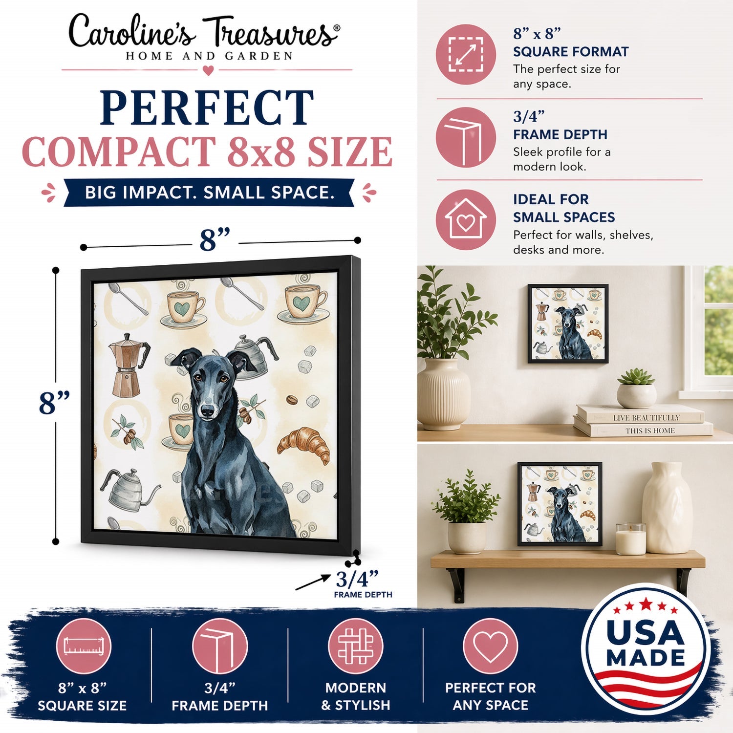 Black Greyhound Coffee Bar Framed Metal Print Bathroom, Kitchen, Office, Home Decor Wall Art Ready to Hang, Square, 8X8