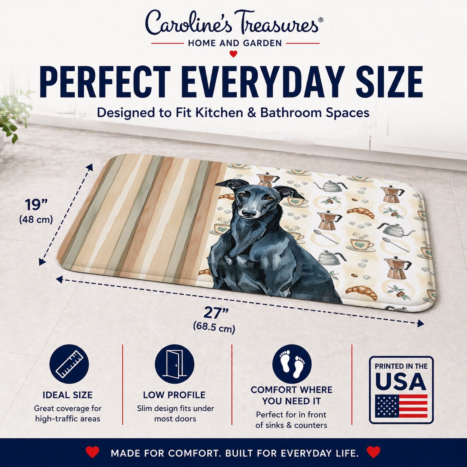 Black Greyhound Coffee Bar Memory Foam Kitchen Mat Machine Washable Anti-Fatigue Cushion Comfort Bath or Kitchen Rug
