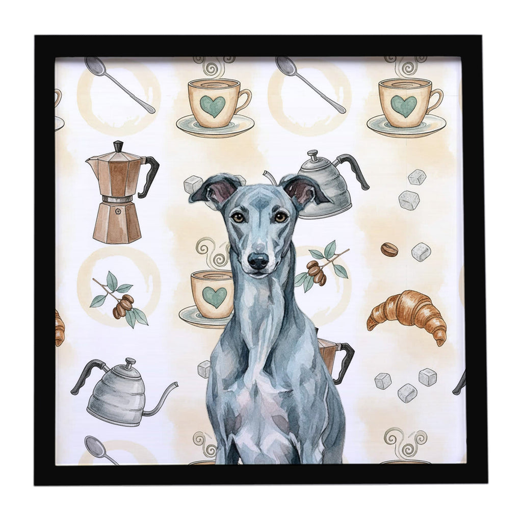 Blue Brindle Greyhound Coffee Bar Framed Metal Print Bathroom, Kitchen, Office, Home Decor Wall Art Ready to Hang, Square, 8X8