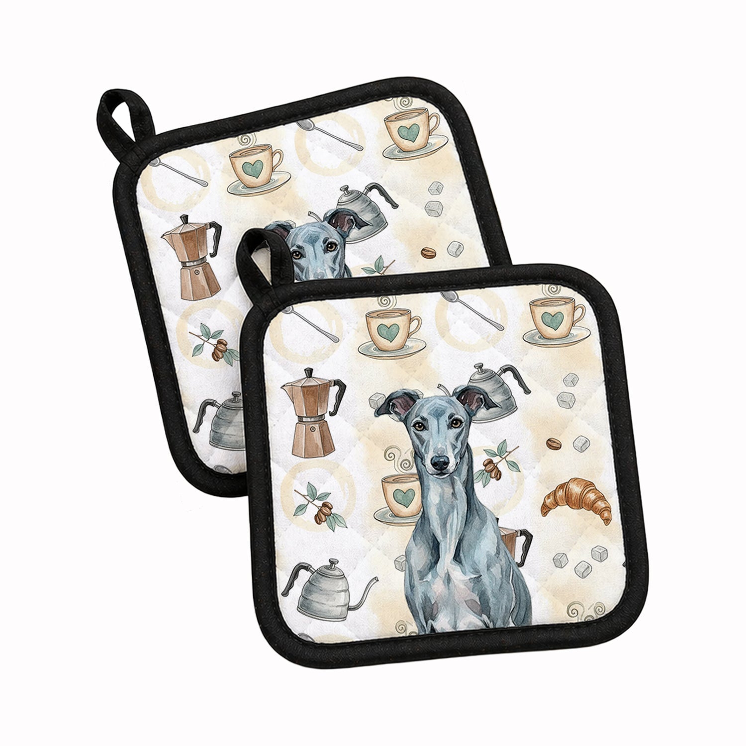 Blue Brindle Greyhound Coffee Bar Pot Holder Set of 2 Heat Resistant Quilted Hot Pads 7.5 x 7.5 Inch, Insulated Kitchen Trivets for Cooking & Baking