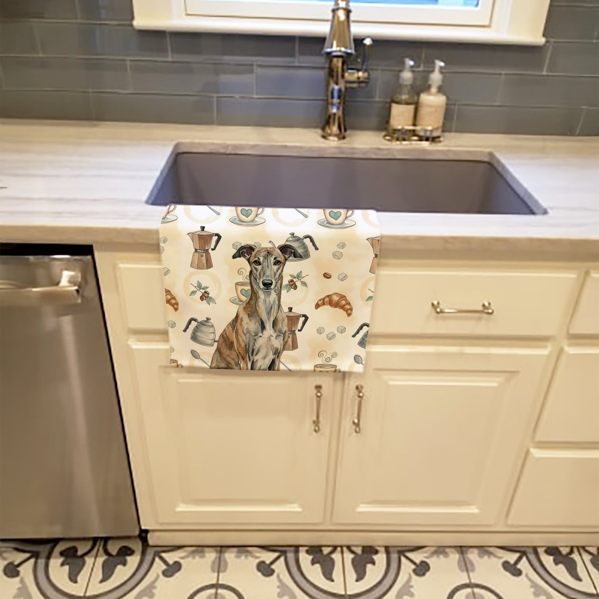 Brindle Greyhound Coffee Bar Kitchen Towel Velour Plush Front and Cotton Loop Back Machine Washable