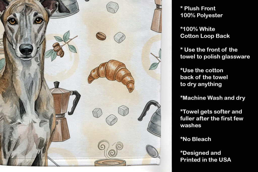 Brindle Greyhound Coffee Bar Kitchen Towel Velour Plush Front and Cotton Loop Back Machine Washable