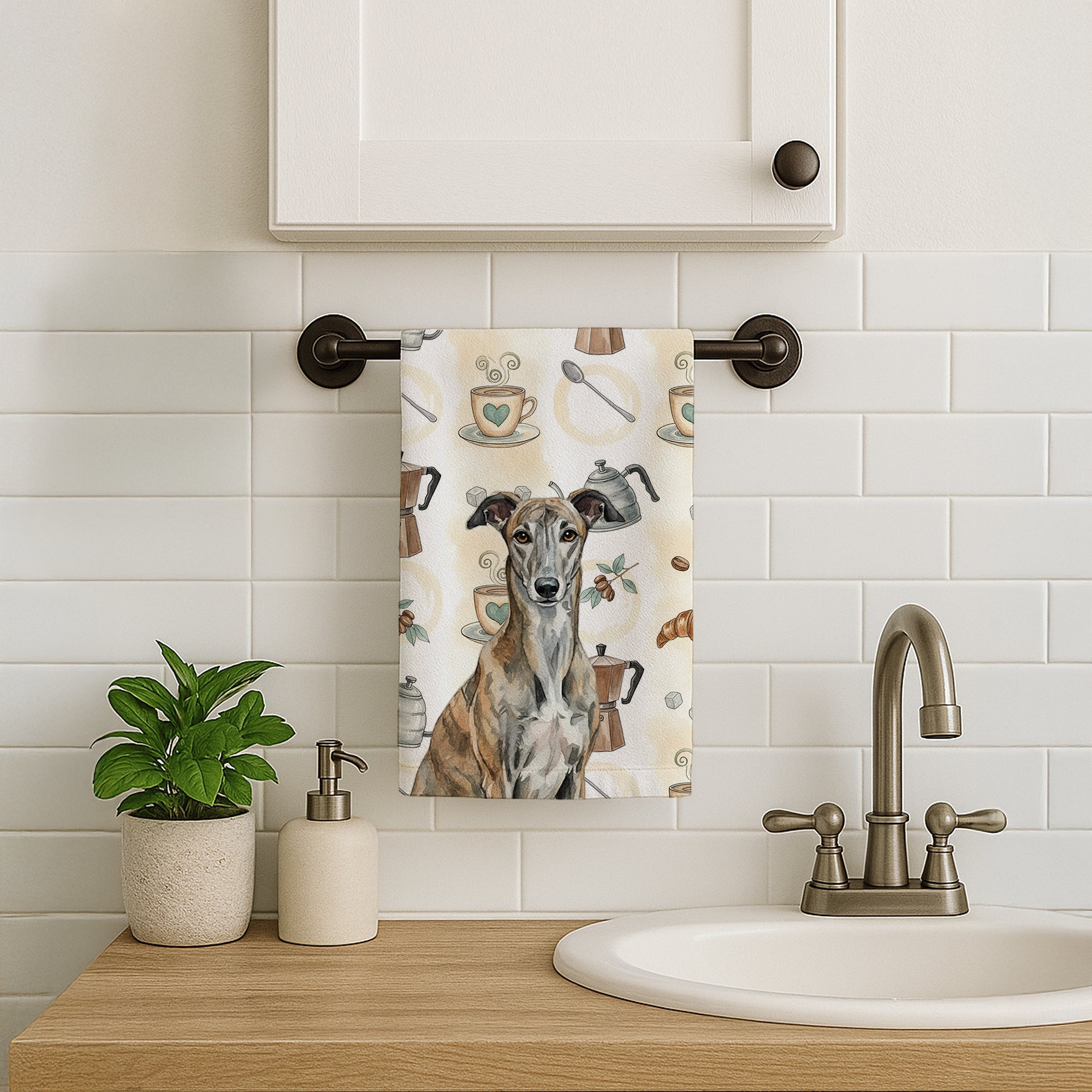 Brindle Greyhound Coffee Bar Kitchen Towel Velour Plush Front and Cotton Loop Back Machine Washable