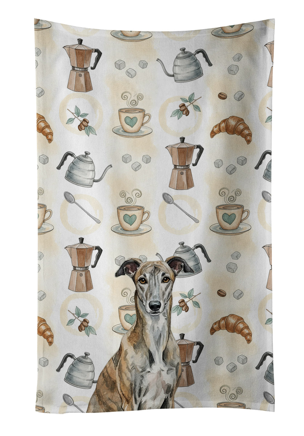 Brindle Greyhound Coffee Bar Kitchen Towel Velour Plush Front and Cotton Loop Back Machine Washable