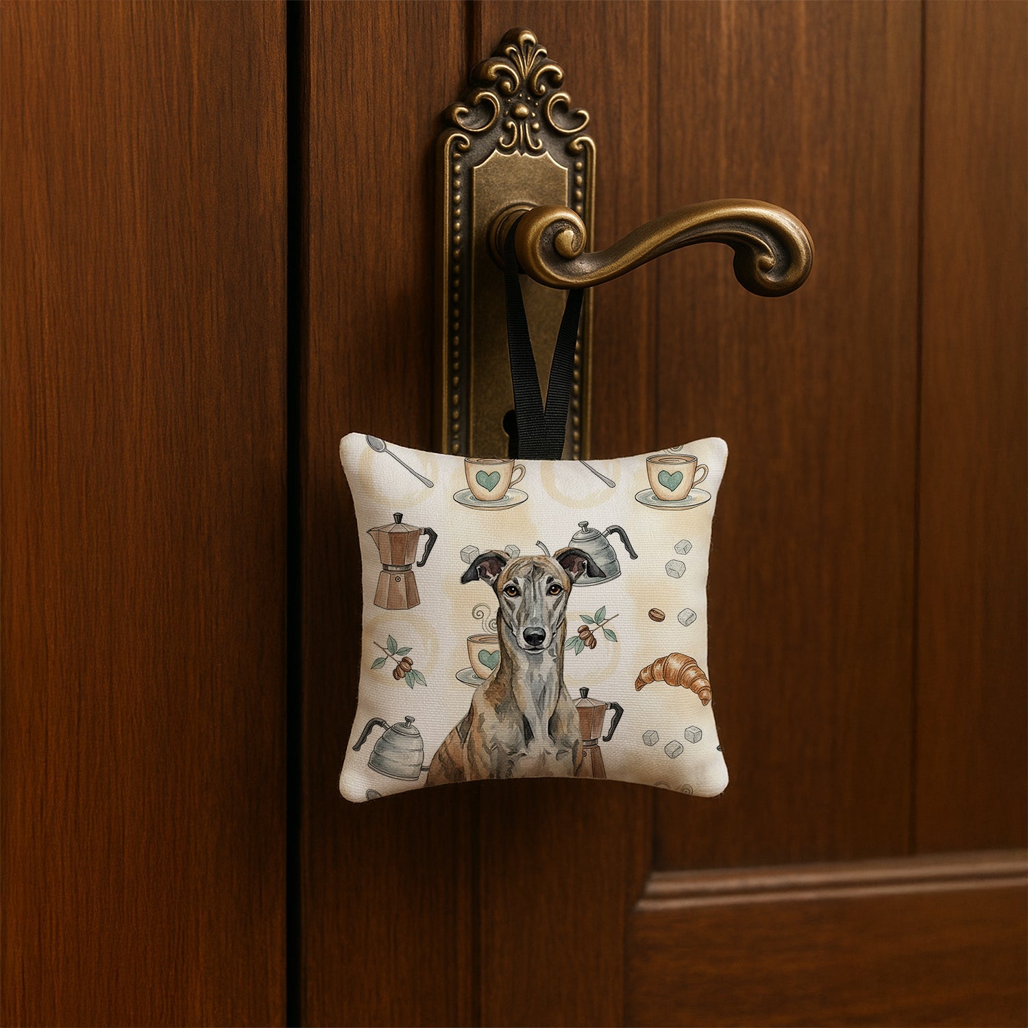 Brindle Greyhound Coffee Bar Hanging Square Fabric Ornament 3.5 � 3.5 Decorative Door-Knob & Tree Hanger, Soft Fabric