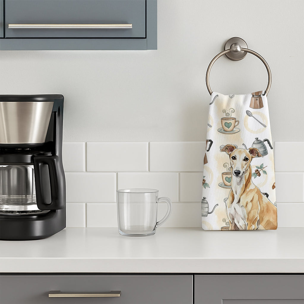 Fawn Greyhound Coffee Bar Kitchen Towel Velour Plush Front and Cotton Loop Back Machine Washable