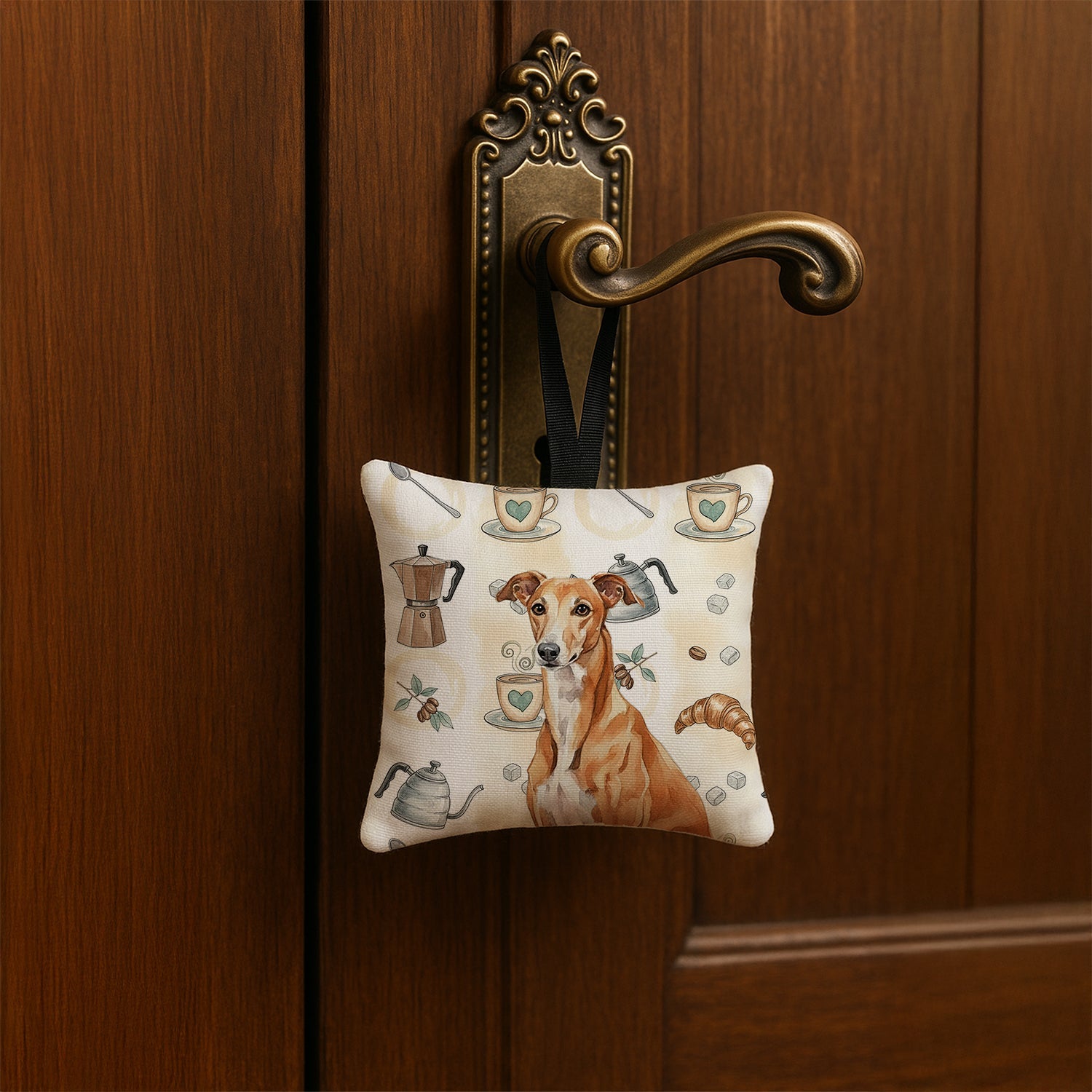 Red Greyhound Coffee Bar Hanging Square Fabric Ornament 3.5 � 3.5 Decorative Door-Knob & Tree Hanger, Soft Fabric