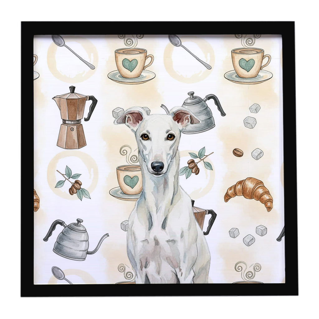 White Greyhound Coffee Bar Framed Metal Print Bathroom, Kitchen, Office, Home Decor Wall Art Ready to Hang, Square, 8X8