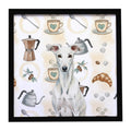 White Greyhound Coffee Bar Framed Metal Print Bathroom, Kitchen, Office, Home Decor Wall Art Ready to Hang, Square, 8X8