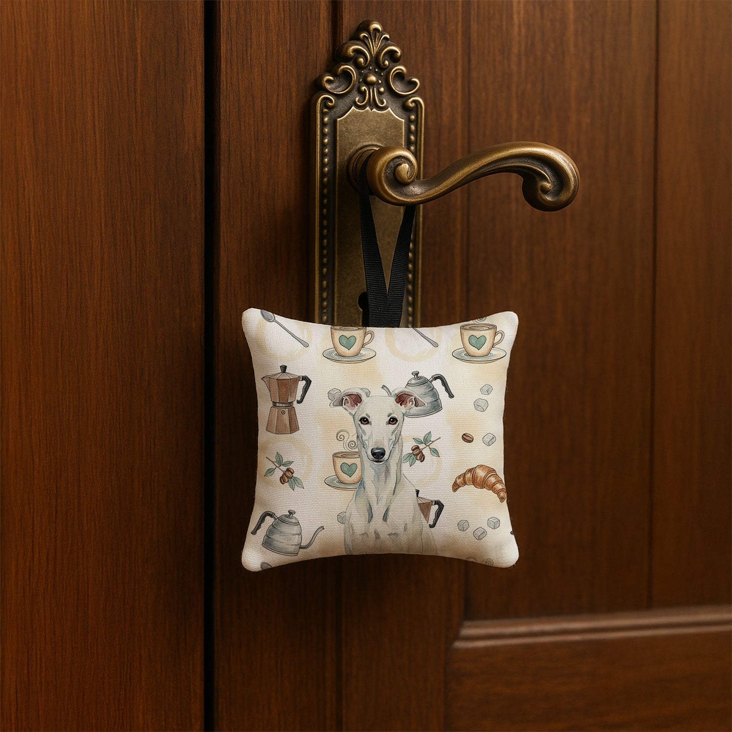 White Greyhound Coffee Bar Hanging Square Fabric Ornament 3.5 � 3.5 Decorative Door-Knob & Tree Hanger, Soft Fabric