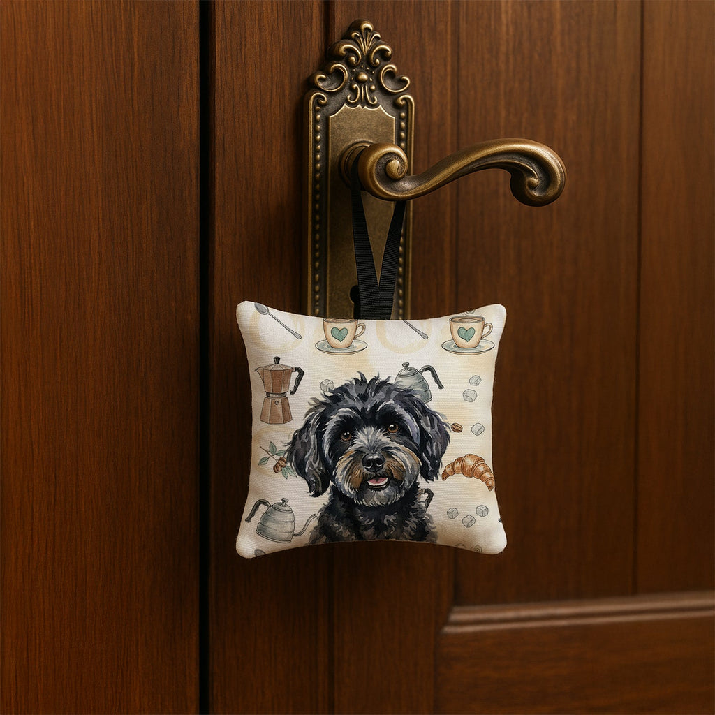 Black Havanese Coffee Bar Hanging Square Fabric Ornament 3.5 � 3.5 Decorative Door-Knob & Tree Hanger, Soft Fabric