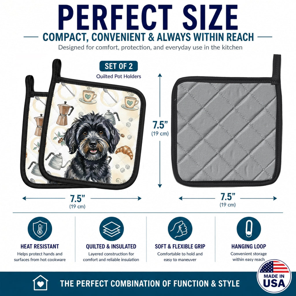 Black Havanese Coffee Bar Pot Holder Set of 2 Heat Resistant Quilted Hot Pads 7.5 x 7.5 Inch, Insulated Kitchen Trivets for Cooking & Baking