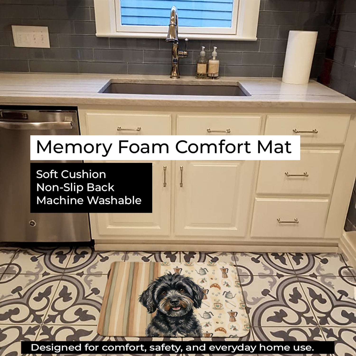 Black Havanese Coffee Bar Memory Foam Kitchen Mat Machine Washable Anti-Fatigue Cushion Comfort Bath or Kitchen Rug
