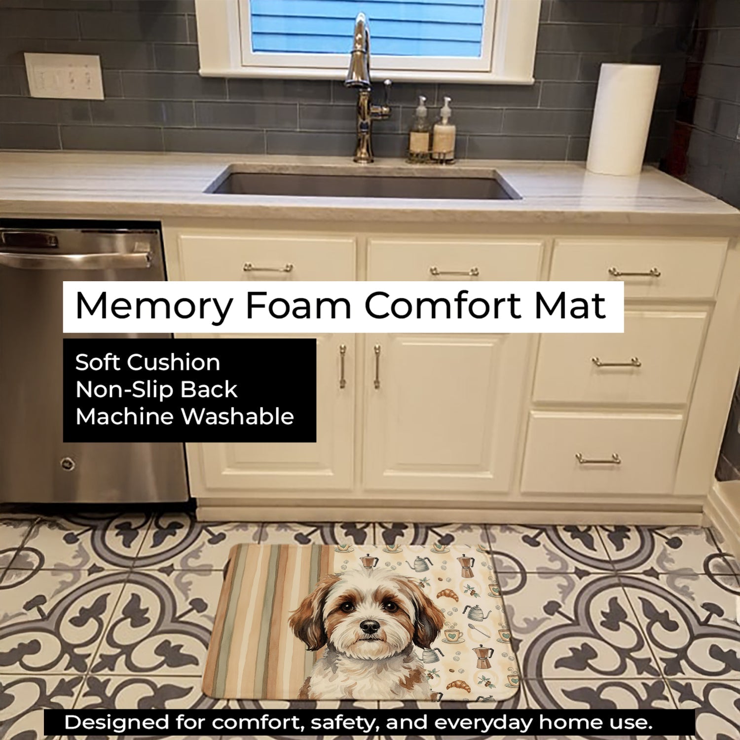 Parti-color Havanese Coffee Bar Memory Foam Kitchen Mat Machine Washable Anti-Fatigue Cushion Comfort Bath or Kitchen Rug