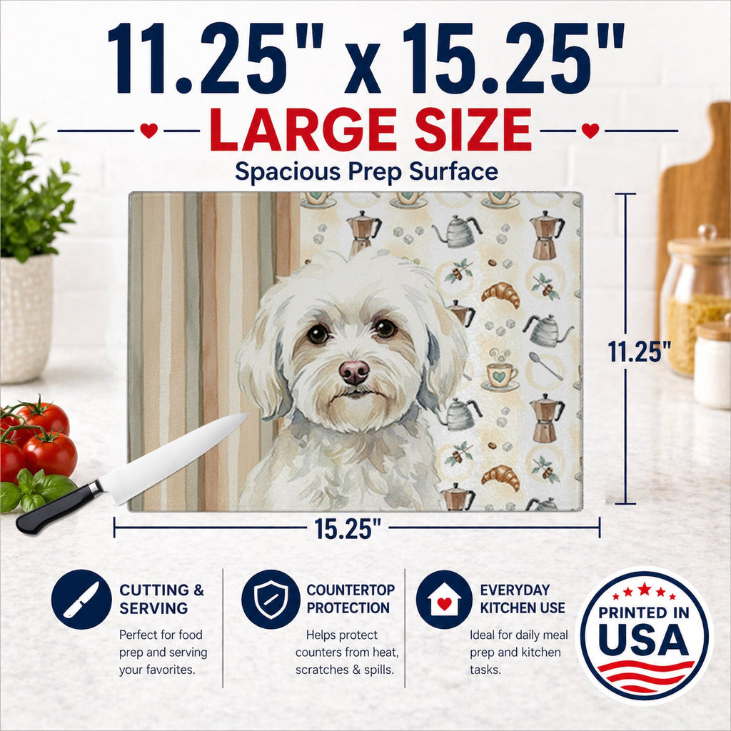 White Havanese Coffee Bar Cutting Board Tempered Glass Kitchen Cutting Surface, Heat Resistant Chopping, Non-Slip Feet, Food Prep & Serving