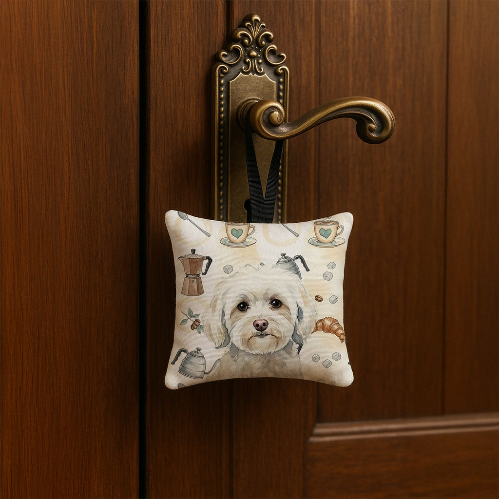 White Havanese Coffee Bar Hanging Square Fabric Ornament 3.5 � 3.5 Decorative Door-Knob & Tree Hanger, Soft Fabric
