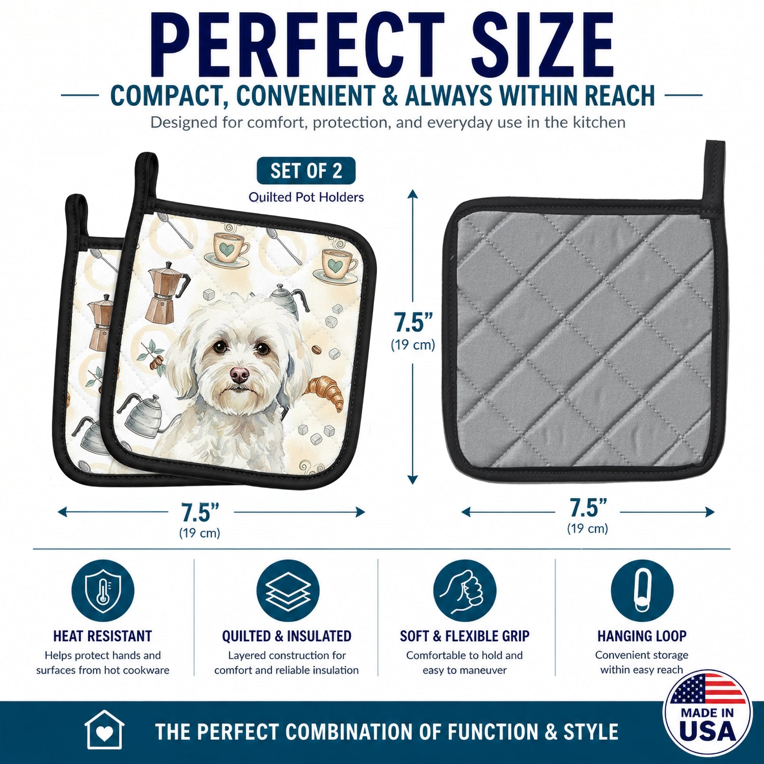 White Havanese Coffee Bar Pot Holder Set of 2 Heat Resistant Quilted Hot Pads 7.5 x 7.5 Inch, Insulated Kitchen Trivets for Cooking & Baking