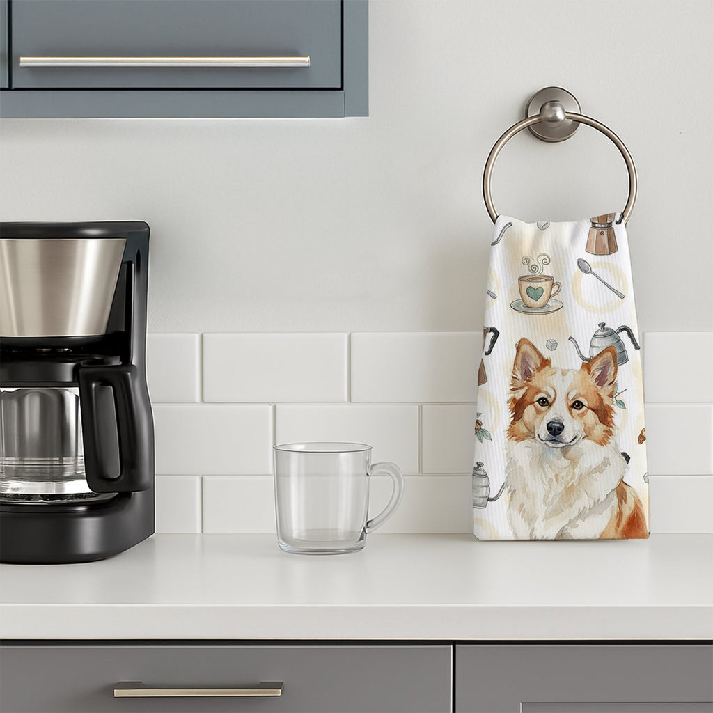 Tan Icelandic Sheepdog Coffee Bar Kitchen Towel Velour Plush Front and Cotton Loop Back Machine Washable