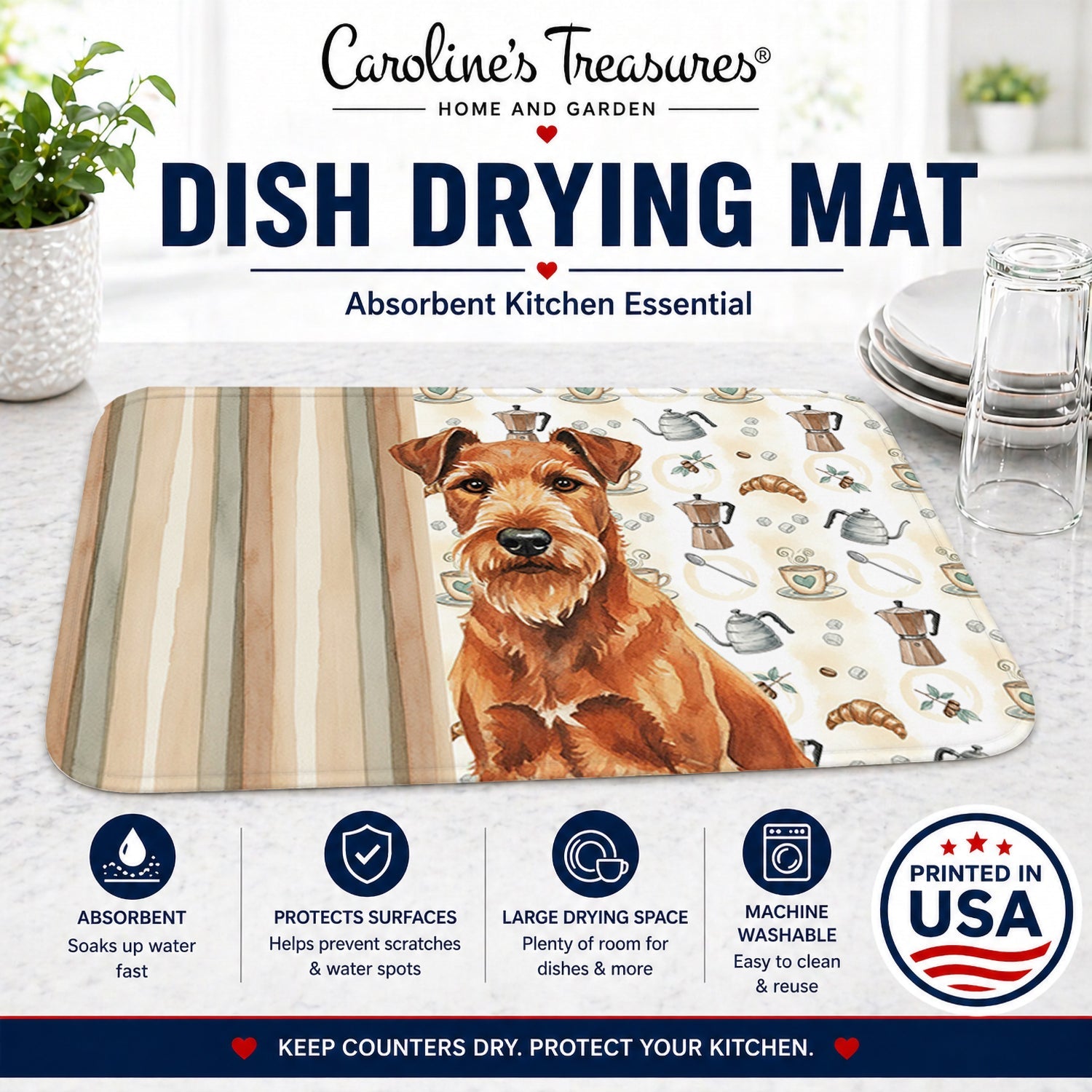 Irish Terrier Coffee Bar Dish Drying Mat Absorbent Dish Drying Mat Pad for Kitchen Counter Dish Drainer Mat for Countertop, 14 x 21", Multicolor