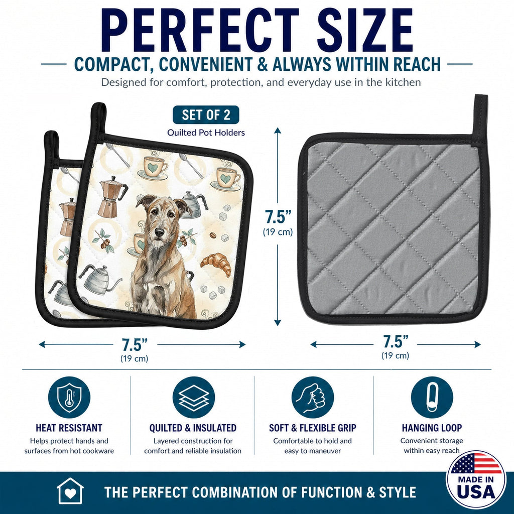 Brindle Irish Wolfhound Coffee Bar Pot Holder Set of 2 Heat Resistant Quilted Hot Pads 7.5 x 7.5 Inch, Insulated Kitchen Trivets for Cooking & Baking