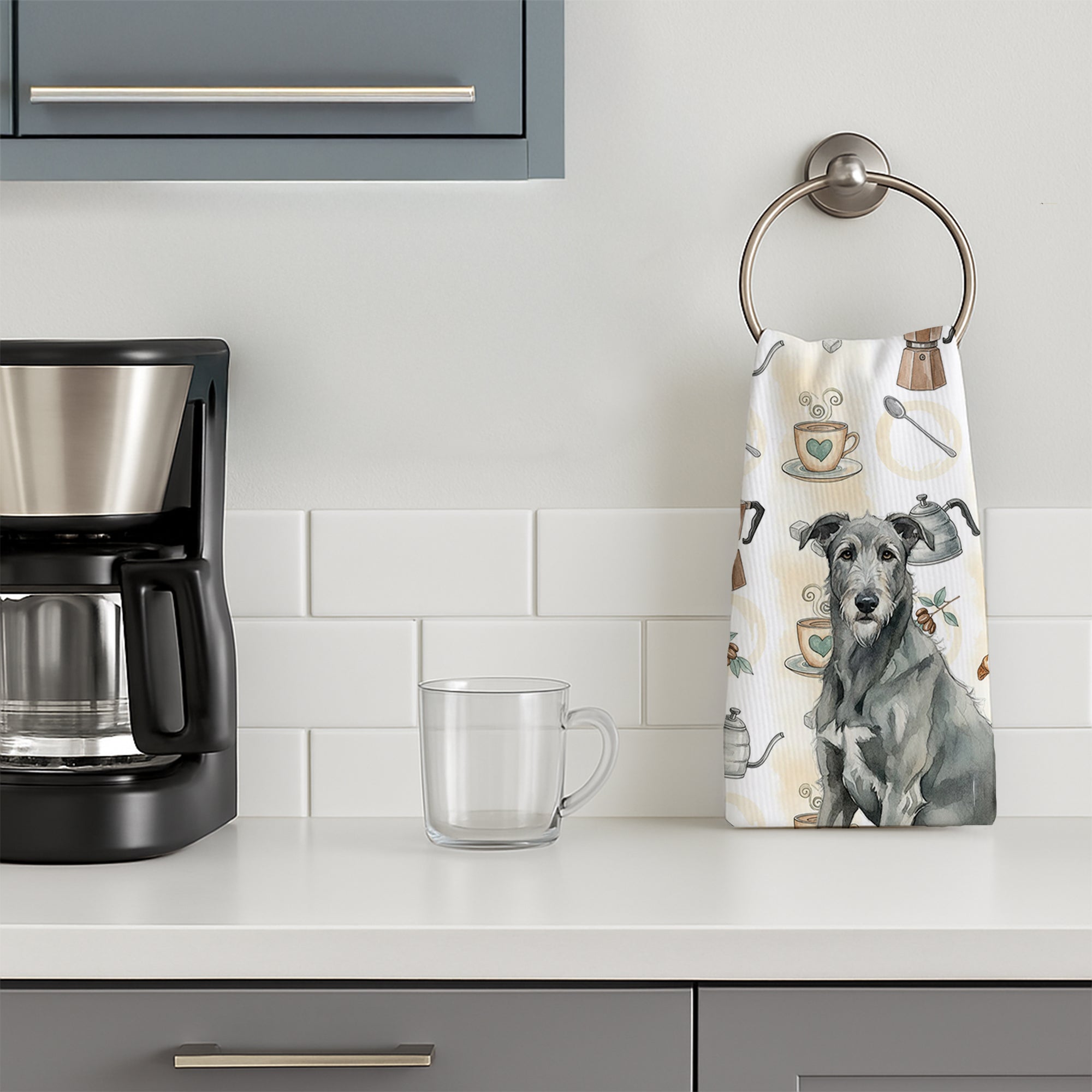 Gray Irish Wolfhound Coffee Bar Kitchen Towel Velour Plush Front and Cotton Loop Back Machine Washable