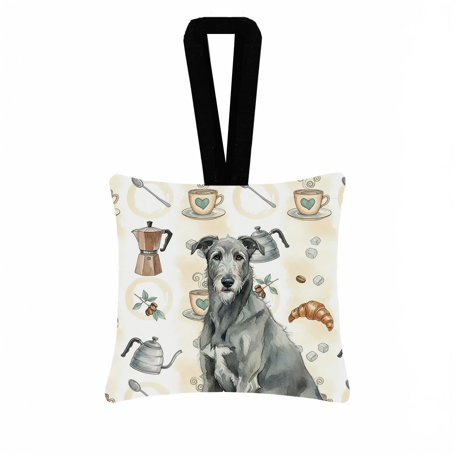 Gray Irish Wolfhound Coffee Bar Hanging Square Fabric Ornament 3.5 � 3.5 Decorative Door-Knob & Tree Hanger, Soft Fabric