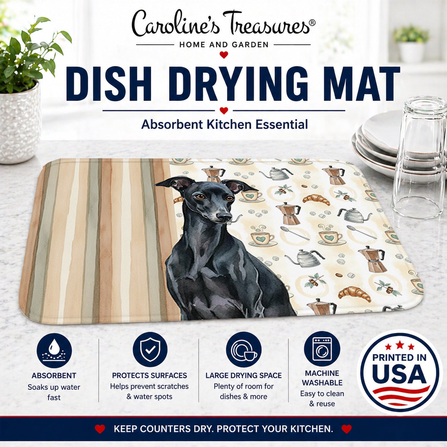 Black Italian Greyhound Coffee Bar Dish Drying Mat Absorbent Dish Drying Mat Pad for Kitchen Counter Dish Drainer Mat for Countertop, 14 x 21", Multicolor