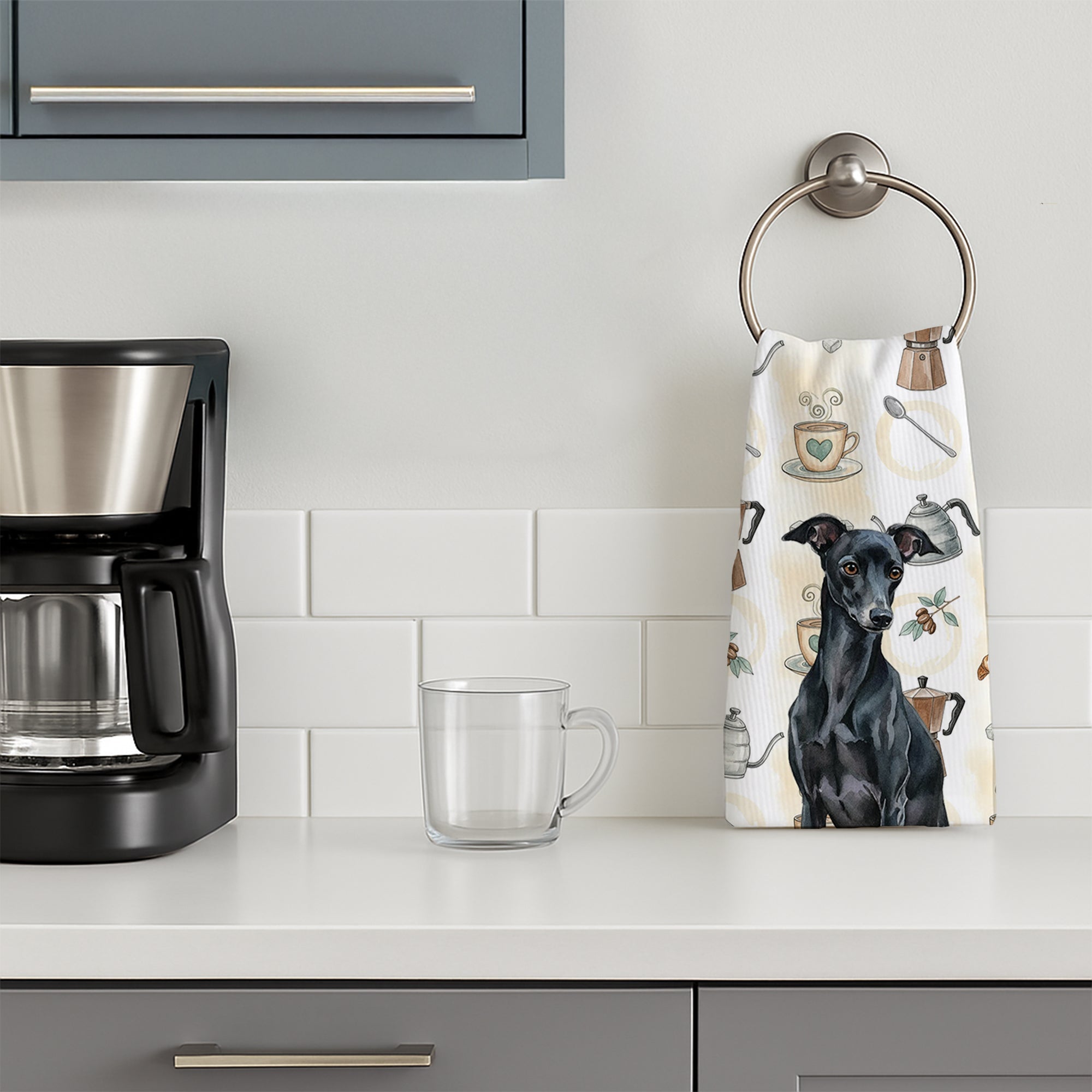 Black Italian Greyhound Coffee Bar Kitchen Towel Velour Plush Front and Cotton Loop Back Machine Washable