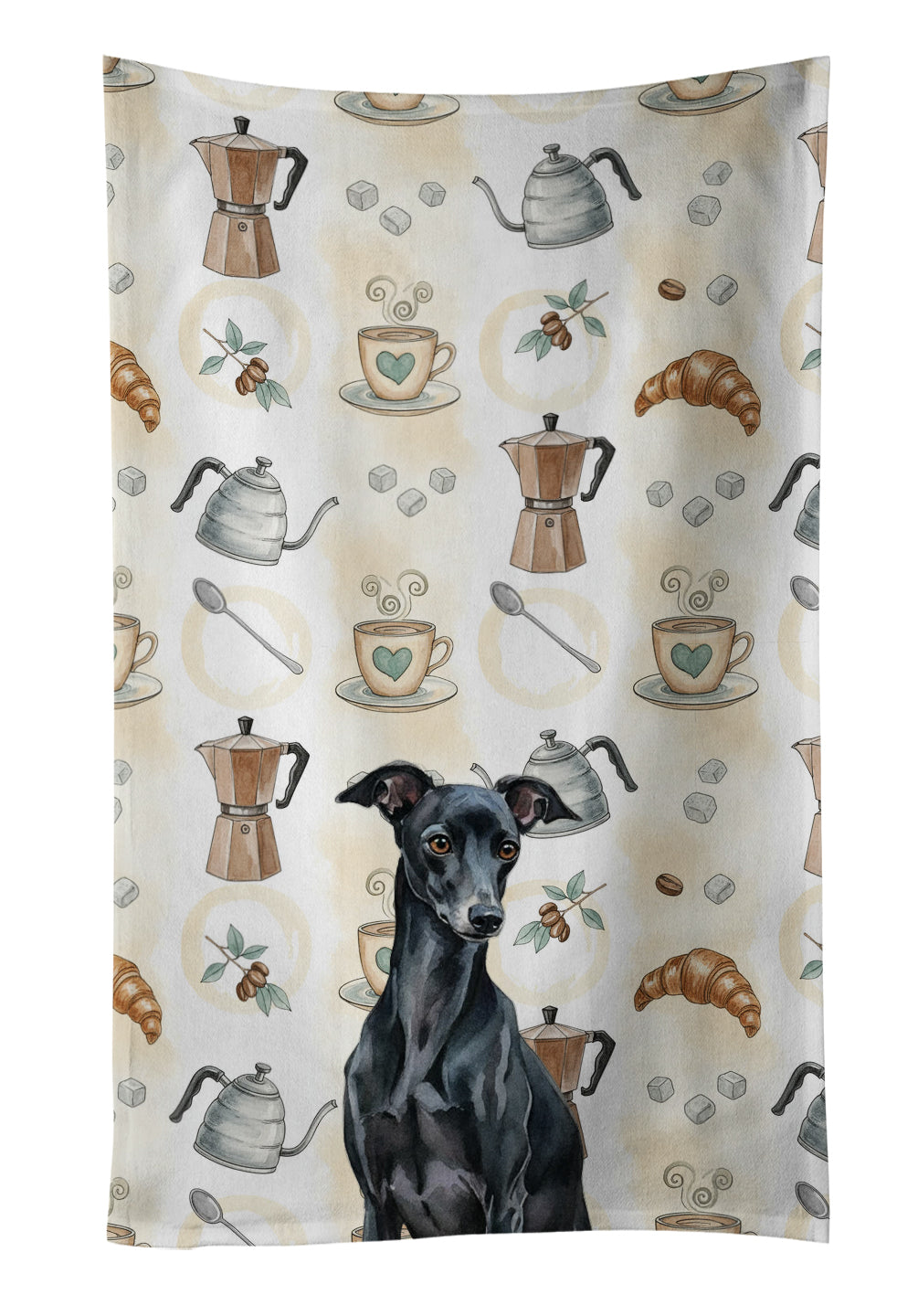Black Italian Greyhound Coffee Bar Kitchen Towel Velour Plush Front and Cotton Loop Back Machine Washable