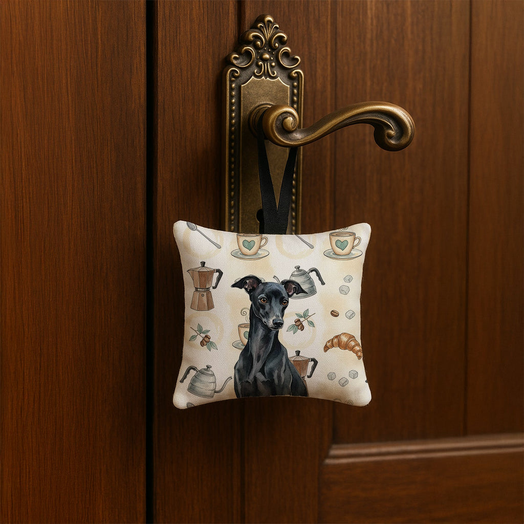 Black Italian Greyhound Coffee Bar Hanging Square Fabric Ornament 3.5 � 3.5 Decorative Door-Knob & Tree Hanger, Soft Fabric