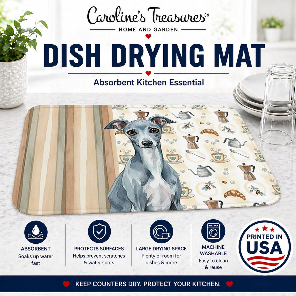 Blue Italian Greyhound Coffee Bar Dish Drying Mat Absorbent Dish Drying Mat Pad for Kitchen Counter Dish Drainer Mat for Countertop, 14 x 21", Multicolor