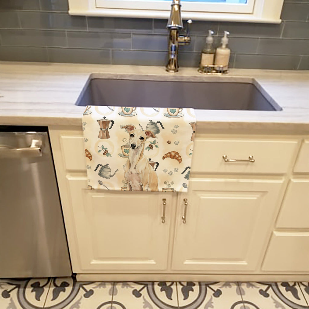 Cream Italian Greyhound Coffee Bar Kitchen Towel Velour Plush Front and Cotton Loop Back Machine Washable